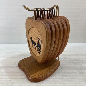 HAND CRAFT SHOEI INTERIOR 木製 コースター りんご型 6点セット 収納付き 馬車 絵柄 レトロ アンティーク 手作り ハンドメイド 中古