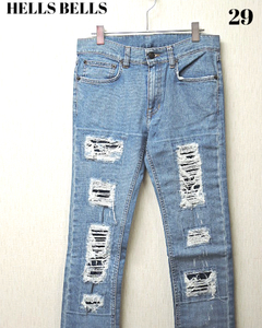 29 新品【HELLS BELLS ELVIS Blue Denim Repair 01JEL51RE ヘルズ ベルズ エルビス ブルー デニム リペアー パンク ダメージ加工デニム】