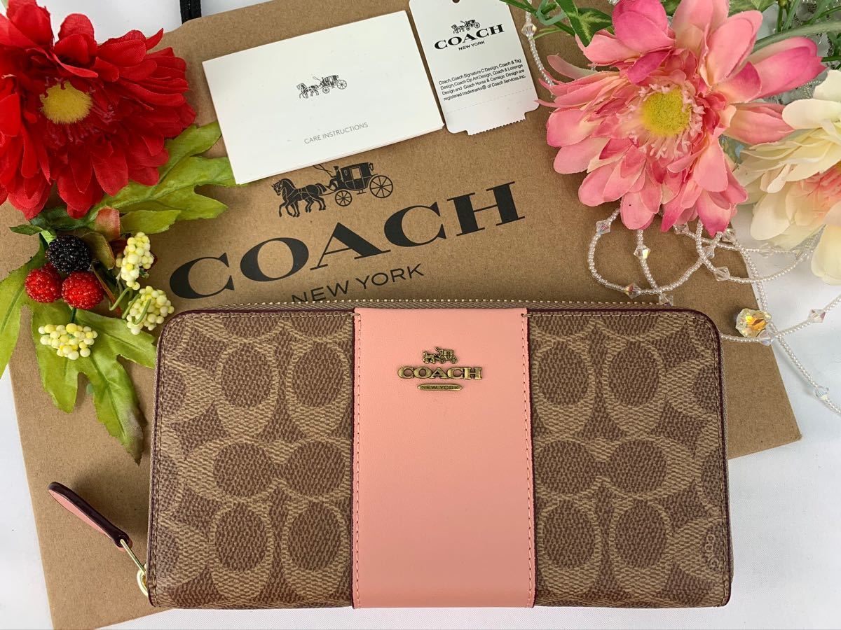 独特の上品 COACH 3つ折り財布 ビビットピンク ブラウン シグネチャー