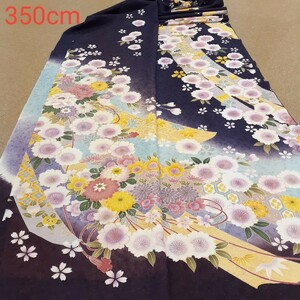正絹 110510 紺紫色 花柄 シルク350cm はぎれ ハギレ リメイク ハンドメイド