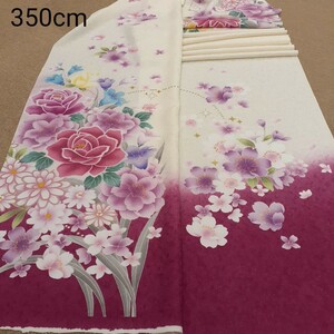 正絹 111922 白色 ピンク色 花柄 シルク350cm はぎれ ハギレ リメイク ハンドメイド