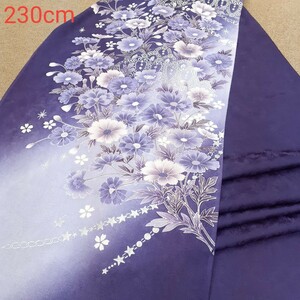 正絹 112601 紫色 シルバー色 花柄 シルク230cm はぎれ ハギレ リメイク ハンドメイド