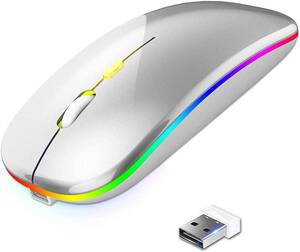 ワイヤレスマウス 静音 7色LED 軽量 超薄型（silver）
