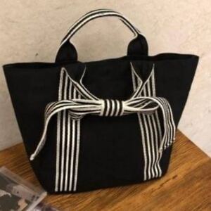 トートバッグ リボン ブラック 黒 ミニトート ランチバッグ キャンバス ボーダー 帆布