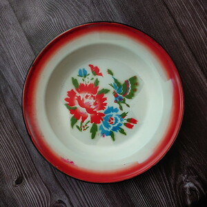  Taiwan retro * enamel * horn low tray deep plate flower . butterfly .① Φ24cm* Taiwan miscellaneous goods * Vintage sia1e321205