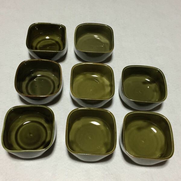 小鉢 角鉢 8個 深緑 カーキ色 陶器 和食器 レトロ