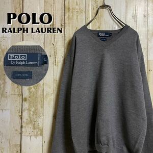 【90s】Polo by RalphLauren ポロバイラルフローレン Vネック メンズ ユニセックス ウール ニット セーター Lサイズ グレー 90年代 古着