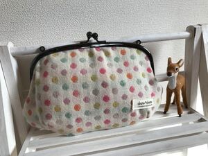 尾州ウール ドット がま口ポーチ ハンドメイド 白系