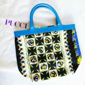 エミリオプッチ トートバッグ ブルー/青 イエロー/黄色 キャンパス レディース 高級 ミニバッグ EMILIO PUCCI