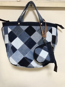 デニムリメイクバッグ ハンドメイド オリジナル トートバッグ パッチワーク リメイク 2way ショルダー 斜めブロック