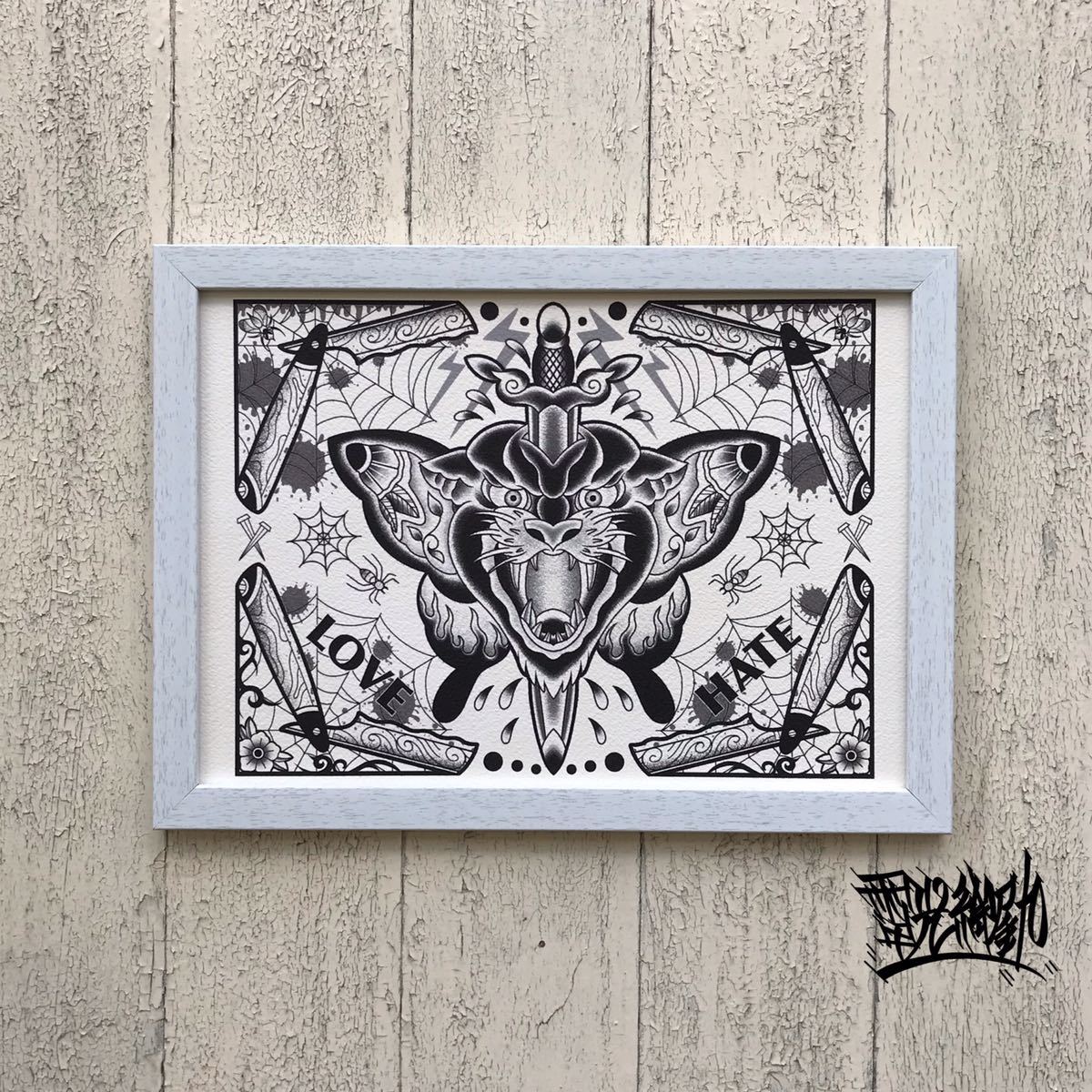 Tattoo American Tradition Illustration Panther A4 Size White Frame Tattoo Art Frame, Handmade items, interior, miscellaneous goods, ornament, object