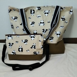 ハンドメイド☆トートバッグ&ショルダーバッグ☆親子パンダベージュ