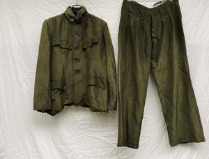 貴重 珍品 戦中 絹 シルク 国民服 セットアップ JACKET PANTS 斜め フラップポケット JAPAN VINTAGE ジャパンヴィンテージ 30s40s 国防色