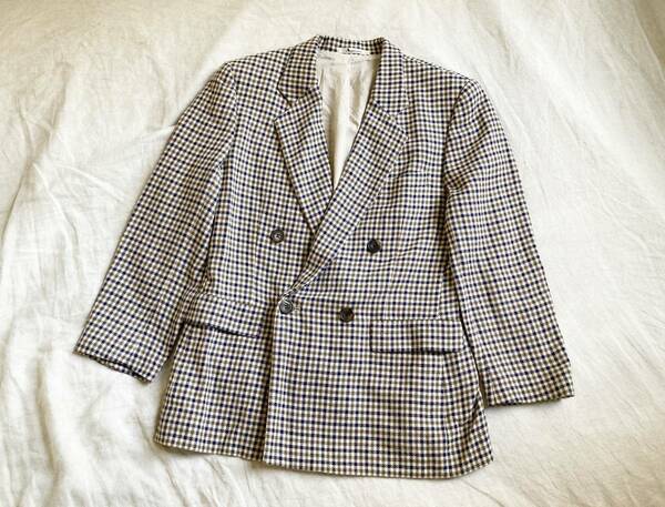 90’s Aquascutum アクアスキュータム チェック柄 シルク ウール クラシック ダブルブレスト ジャケット 9 ベージュ 紺 オリーブ ●11