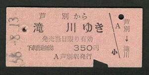 B型赤地紋乗車券 芦別から滝川 昭和50年代（払戻券）