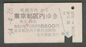 A型青地紋乗車券 札幌市内から東京都区内 昭和50年代（払戻券）1 