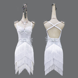 新作　素敵ラテンドレス　レディース社交ダンス衣装　サイズセミオーダー対応　お得セット品　キラキラライトストーン飾り　ホワイト