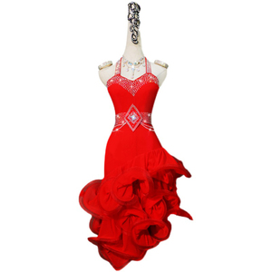 新作　素敵ラテンドレス　レディース社交ダンス衣装　サイズセミオーダー対応　お得セット品　キラキラライトストーン飾り　赤色