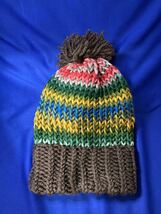 手編みニットキャップ　ウール100％　毛糸　ハット Handmade knitted multi color cap wool bulky yarn ニットキャップ サイケ tie dye_画像6