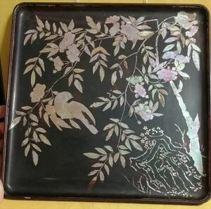 中国古玩 明代 唐物 黒漆青貝螺鈿鳥花 四方盆 香盆 茶道具