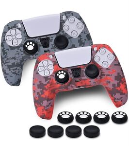 PS5コントローラーカバー2個セット シリコン素材 スティックキャップ 猫肉球 8個付き 滑り止め 迷彩シリコンカバー レッド+ブルー