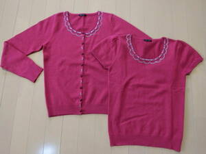 【美品】★L'EST ROSE*レストローズ☆フラワーモチーフビジュー ツインニットアンサンブル カシミヤ＆アンゴラ混 ローズピンク 赤系 2Ｍ