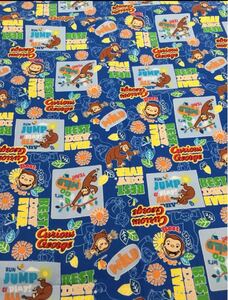 おさるのジョージ コミック柄(ブルー)綿100% 約108cm巾×50cm オックス生地 日本製 入園入学準備 ハギレ