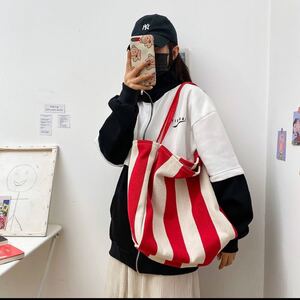 トートバッグ ストライプ柄 レッド 大容量 シンプルデザイン エコバッグとしても使える 新品未使用