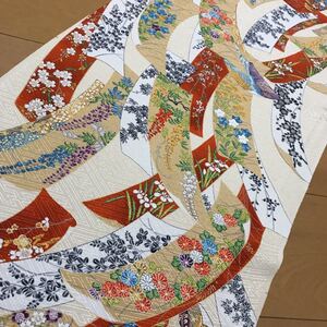 ★着物ハギレ 短冊草花金彩 ベージュ★ 10 リメイク 正絹 アンティーク ハギレ