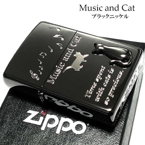 ZIPPO ライター ミュージック キャット ジッポ 猫 可愛い 立体ネコメタル ブラックニッケル 女性 レディース 銀差し ねこ かわいい ギフト