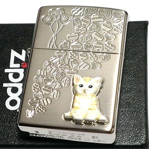 ZIPPO ライター ネコ kitten herart cream シルバー ジッポ 猫 可愛い ハート 立体ネコメタル 女性 レディース ねこ かわいい ギフト
