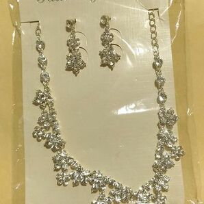 新品 ネックレスとピアスのセット Fashion Jewelry 花形 銀色 透明ストーン シルバーカラー ぶら下がりピアス ファッション ジュエリーの画像1