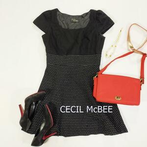 CECIL McBEE かわいい フレンチスリーブ セシルマクビー ワンピース ブラック ドット リボン ひざ丈 ミニ丈 日本製 2069