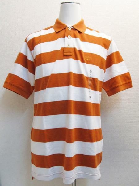 Timberland ツートンボーダー半袖ポロシャツ 橙オレンジx白ホワイト メンズM / USティンバーランドTee男性