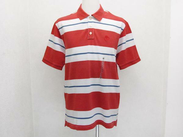 Timberland ボーダー半袖ポロシャツ 赤レッドx白ホワイト メンズM / USティンバーランドTee男性