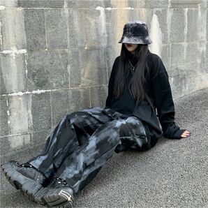 ワイドパンツ ハイウエスト ボトムス 墨汁 ワイドレッグパンツ パンツ レディース 原宿系 韓国系 黒 グレー L ストリート