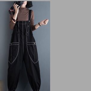 サロペット オーバーオール オールインワン ボトムス パンツ マタニティ サルエルパンツ 体型カバー L 黒 ブラック M 選べる
