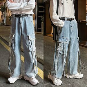 デニム ワイドレッグ ジーンズ ワイドパンツ ワイドデニム ストレートパンツ メンズ レディース M 青 ブルー インディゴ
