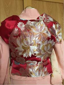 【袋帯】正絹 長さ412cm 紅色 マゼンタ 牡丹 菊