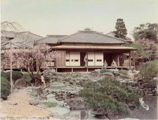 大判手彩色古写真　東京 向島佐竹庭園・茶室遠望　明治期