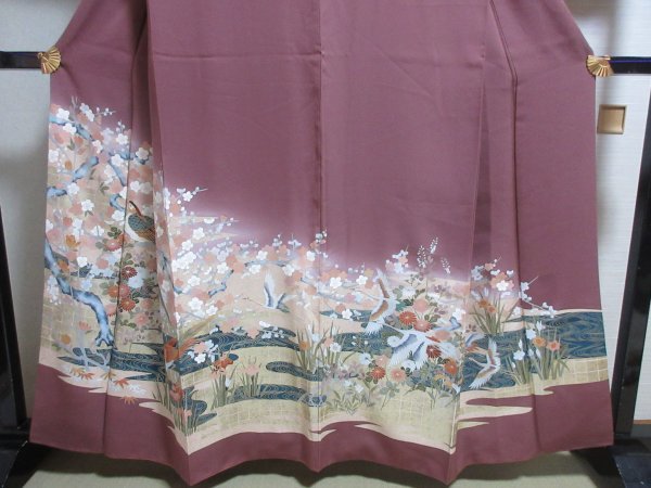 23583 Quimono forrado de irotomesode♪¡Un escudo! ¡Nunca usado! ¡Elegante! ¡Púrpura! ¡Rinpa! ¡Faisán! ¡Patos mandarines! ¡Patrón de agua que fluye! ¡Pintado a mano! ¡Kioto Yuzen! ¡Longitud de la manga 65! En buen estado♪, moda, kimono de mujer, kimono, tomesode