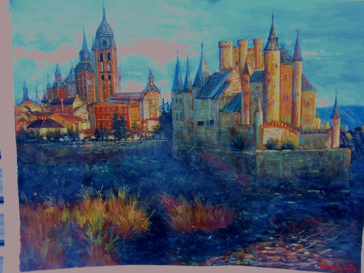 لوحة زيتية مرسومة يدويًا مقاس 42 × 33 سم على القماش فقط عنوان مبدئي: Castle ليست مطبوعة, تلوين, طلاء زيتي, طبيعة, رسم مناظر طبيعية