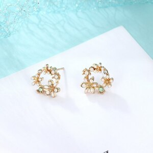  earrings Gold flower flower lady's Korea small .. stud charm crystal earrings woman fashion jewelry #C418-3