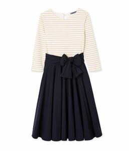 新品タグ 未着 Petit Bateau プチバトー ラメマリニエール切替ワンピース2017AW サイズXXS クリーム、金、黒 定価19.000+税 チュニジア製