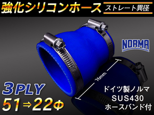 バンド付 強化 シリコンホース ストレート ショート 異径 内径22→51Φ 長さ76mm ブルー CBA-URJ202W