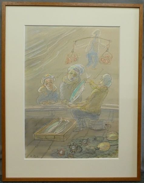 ☆ Ryoji Ozaki Blue Fishing Buddies (Oga Peninsula) hand-painted pastel painting, framed, signed, yellow bag, Artwork, Painting, Pastel drawing, Crayon drawing