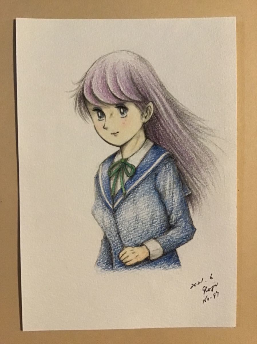 Handwritten illustration girl ★Girl in sailor suit NO.97 ★Pencil Colored pencil Ballpoint pen ★Drawing paper ★Size 16.5 x 11.5cm ★New, comics, anime goods, hand drawn illustration