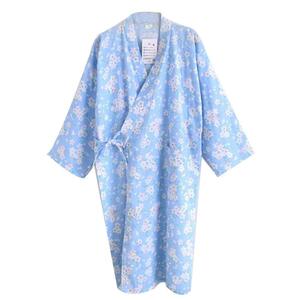 レディース パジャマ お寝巻き 和服 浴衣 綿 　部屋着 寝間着 便利服 ルームウェア 長袖 前開き ソフト 春秋 　ブルー