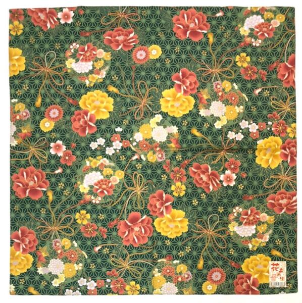 花あかり 古典柄ハンカチ 54×54cm 大判 日本製 綿100% 和柄 和風 着物柄 水引柄 緑色×黄色 山吹色 朱色
