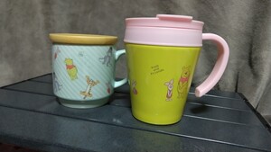 くまのプーさん サーモ マグカップ ふた付き 真空断熱 ステンレス イエロー 280ml と 木蓋付きマグ ミント300ml